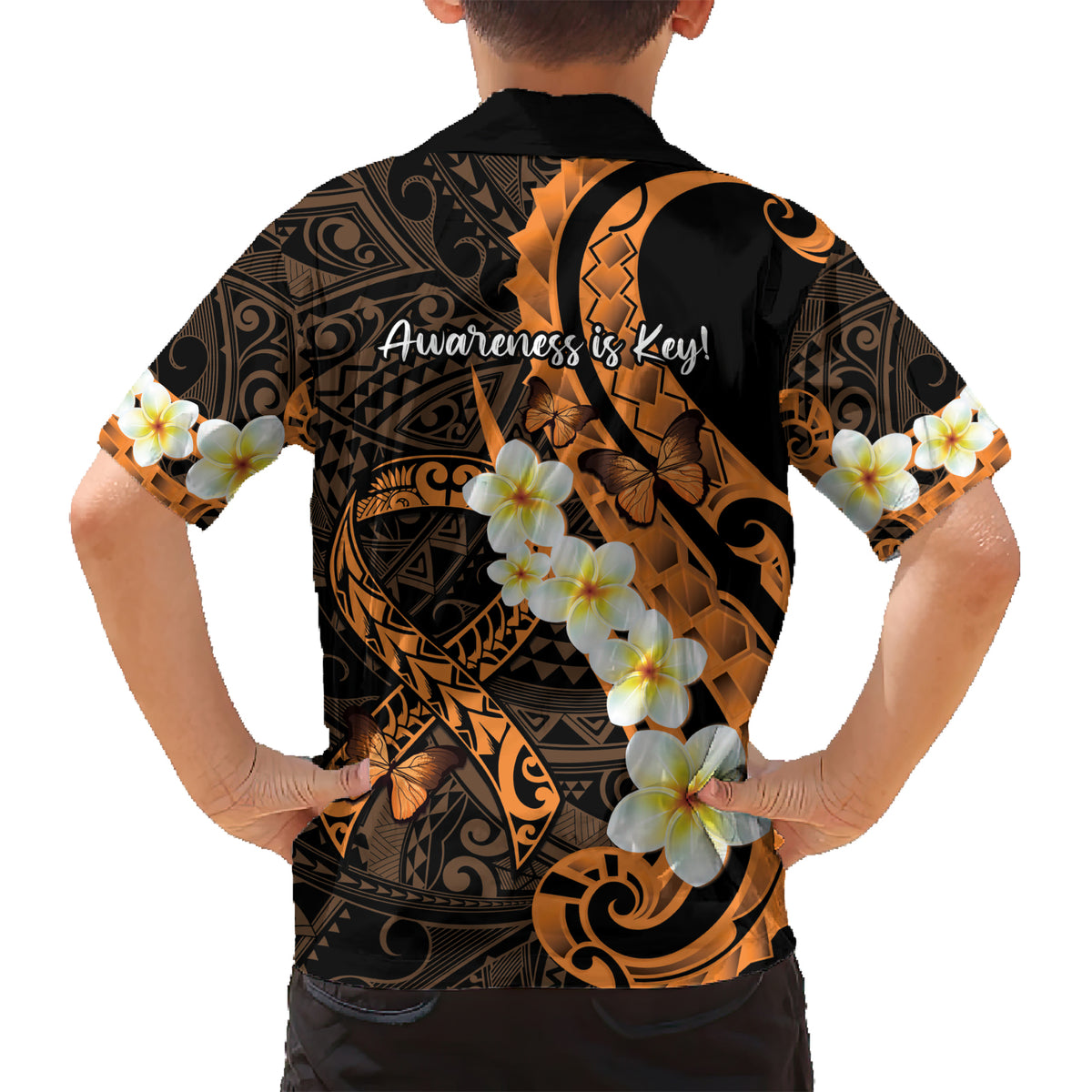 Liver Cancer Awareness Month Family Matching Short Sleeve Bodycon Dress and Hawaiian Shirt Awareness Is Key Orange Polynesian Ribbon