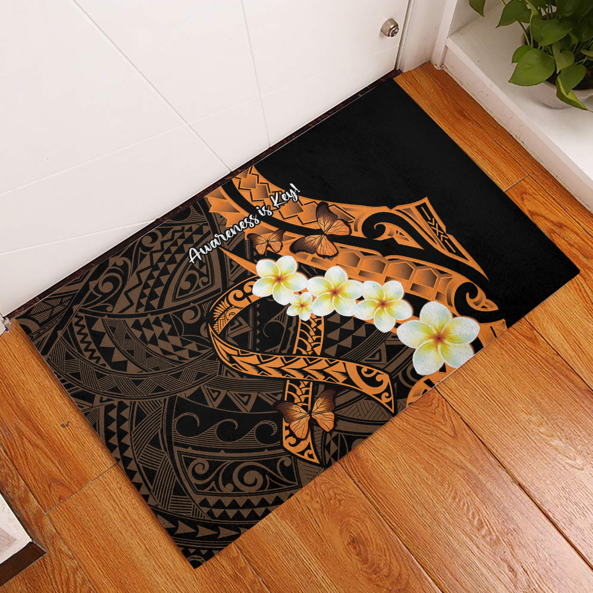 Liver Cancer Awareness Month Rubber Doormat Awareness Is Key Orange Polynesian Ribbon