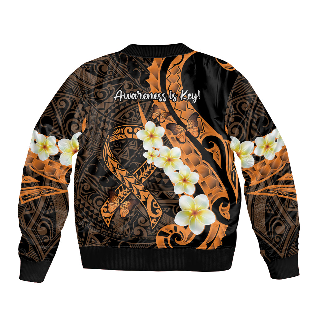 Liver Cancer Awareness Month Sleeve Zip Bomber Jacket Awareness Is Key Orange Polynesian Ribbon