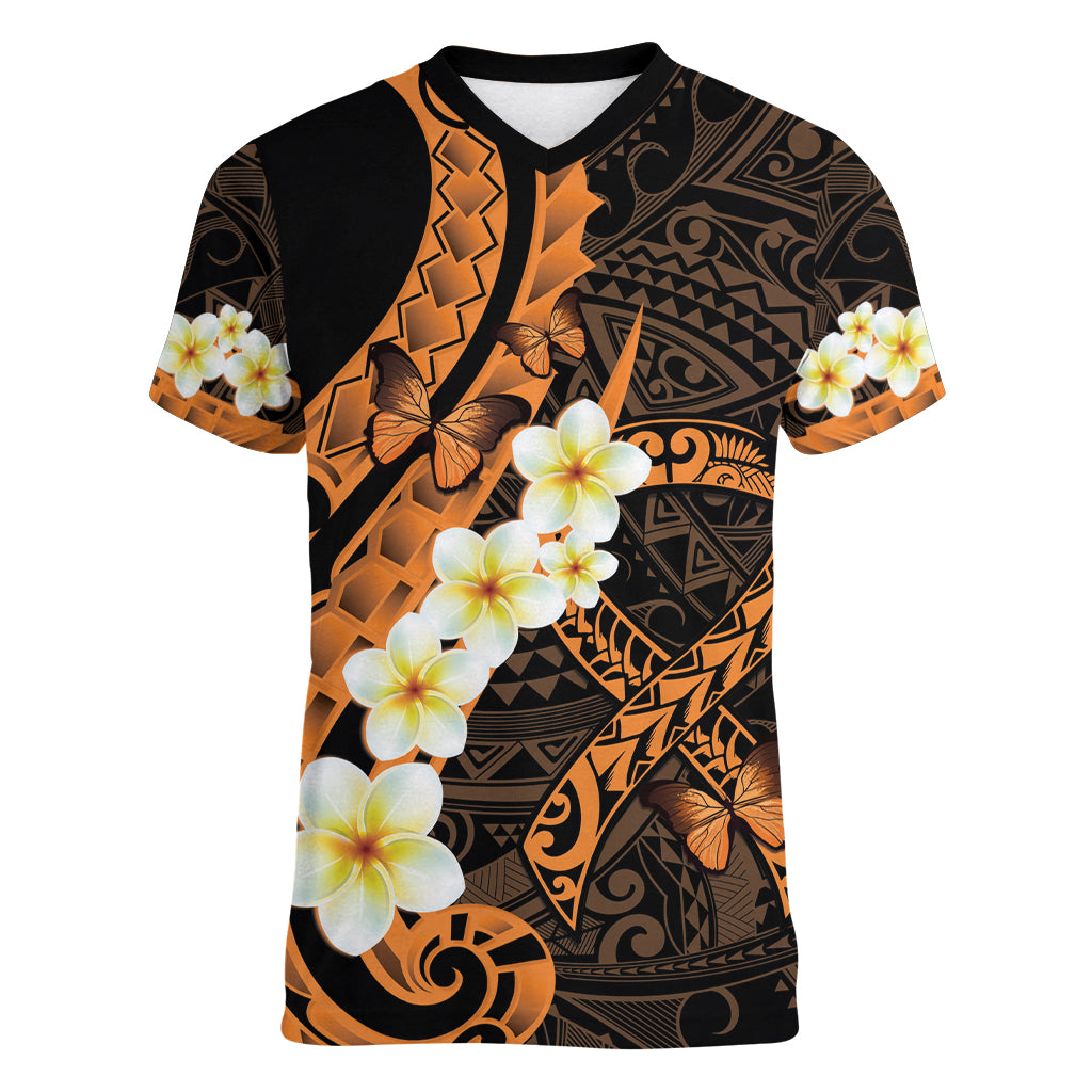 Liver Cancer Awareness Month Women V-Neck T-Shirt Awareness Is Key Orange Polynesian Ribbon