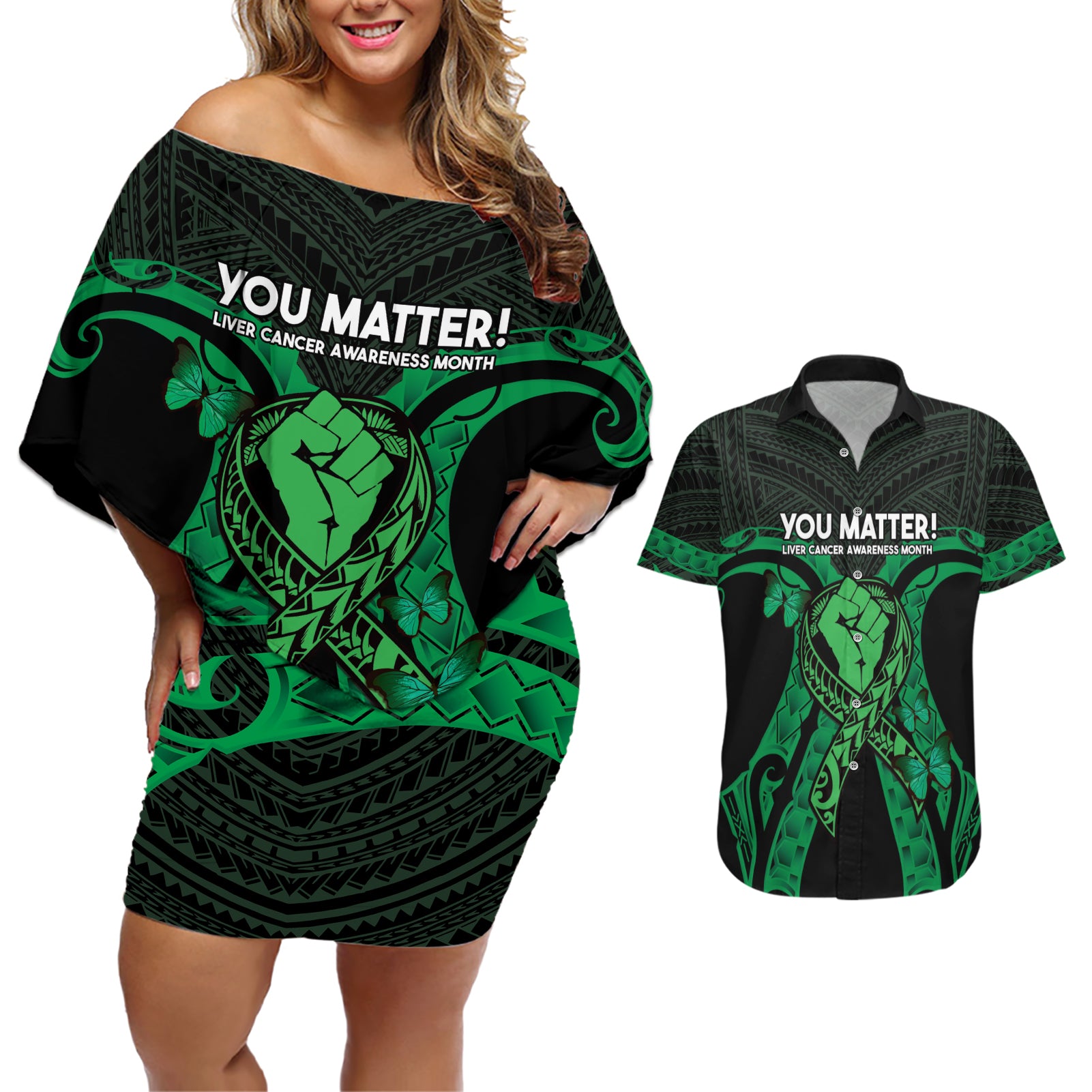 ADHD Awareness Month You Matter Couples Matching Off Shoulder Short Dress and Hawaiian Shirt Green Polynesian Ribbon