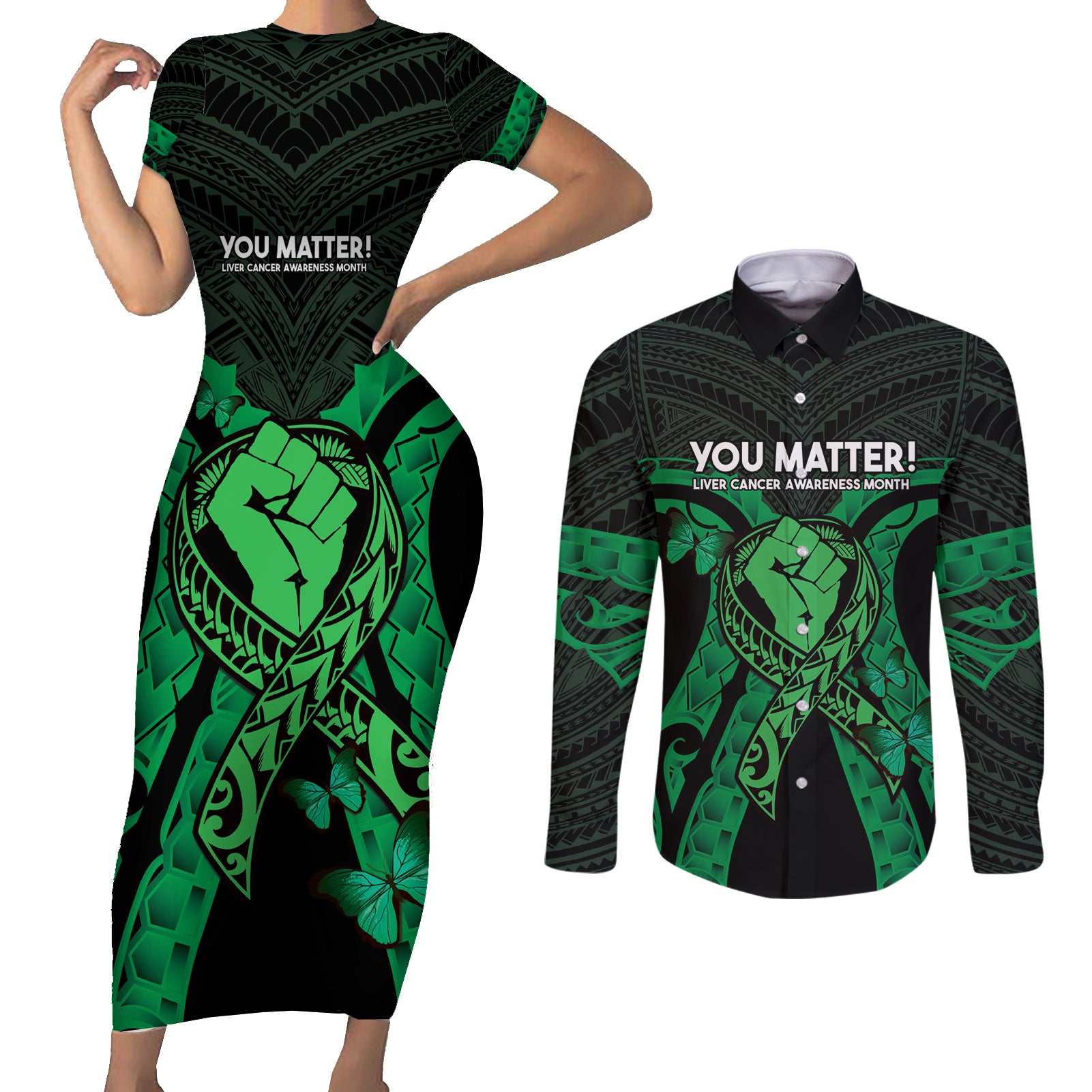 ADHD Awareness Month You Matter Couples Matching Short Sleeve Bodycon Dress and Long Sleeve Button Shirt Green Polynesian Ribbon