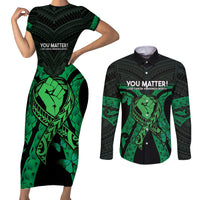 ADHD Awareness Month You Matter Couples Matching Short Sleeve Bodycon Dress and Long Sleeve Button Shirt Green Polynesian Ribbon