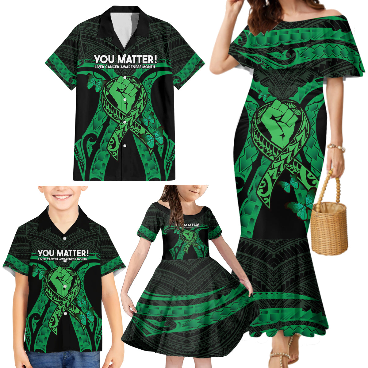 ADHD Awareness Month You Matter Family Matching Mermaid Dress and Hawaiian Shirt Green Polynesian Ribbon