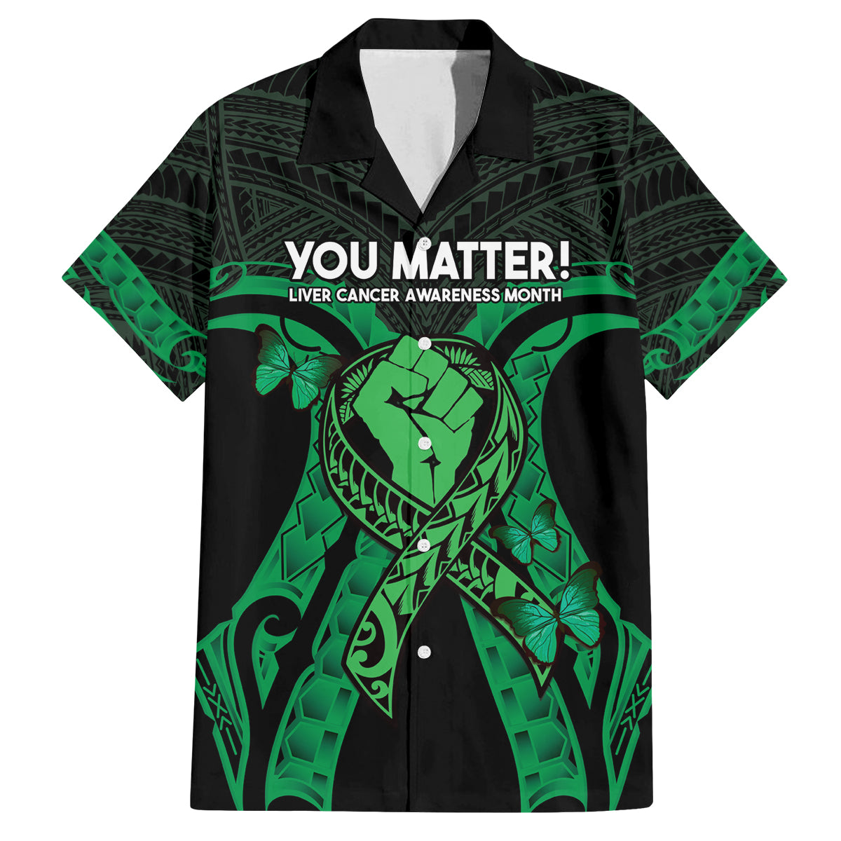 ADHD Awareness Month You Matter Family Matching Off The Shoulder Long Sleeve Dress and Hawaiian Shirt Green Polynesian Ribbon