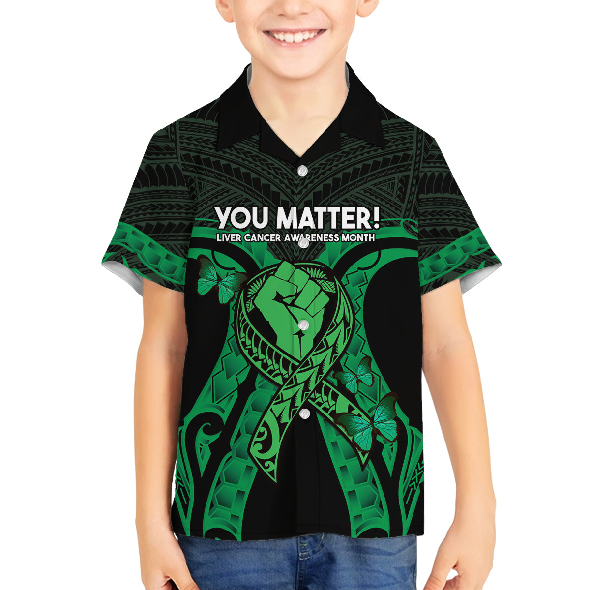 ADHD Awareness Month You Matter Family Matching Summer Maxi Dress and Hawaiian Shirt Green Polynesian Ribbon