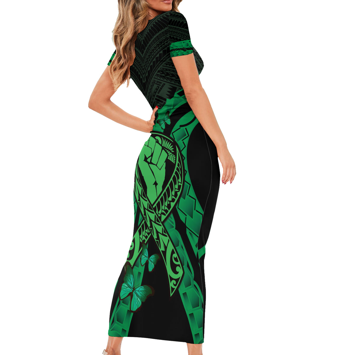 ADHD Awareness Month You Matter Short Sleeve Bodycon Dress Green Polynesian Ribbon