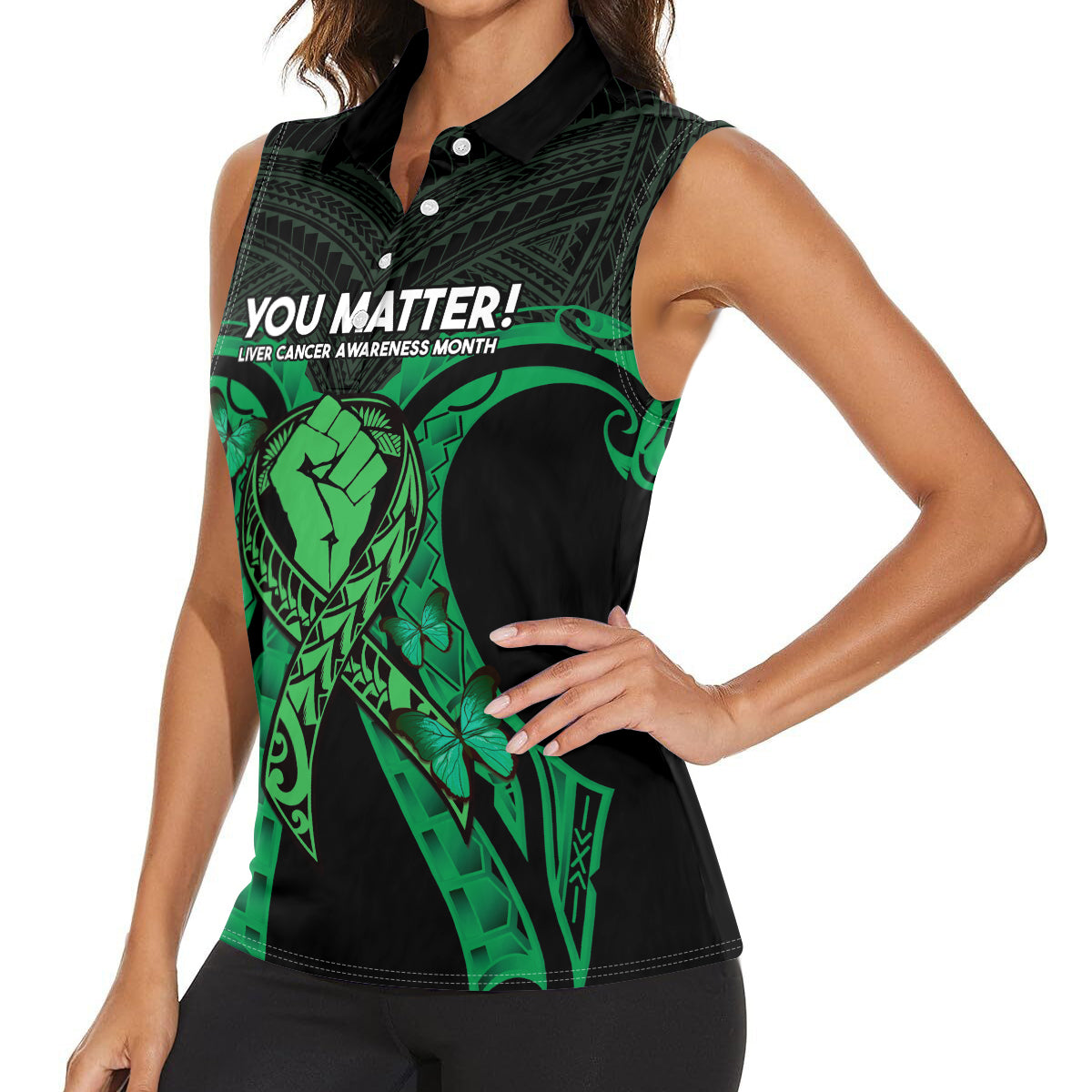 ADHD Awareness Month You Matter Women Sleeveless Polo Shirt Green Polynesian Ribbon