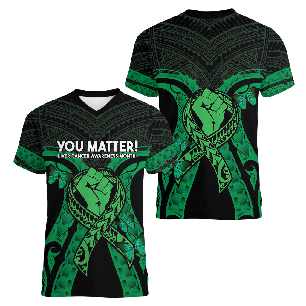ADHD Awareness Month You Matter Women V-Neck T-Shirt Green Polynesian Ribbon