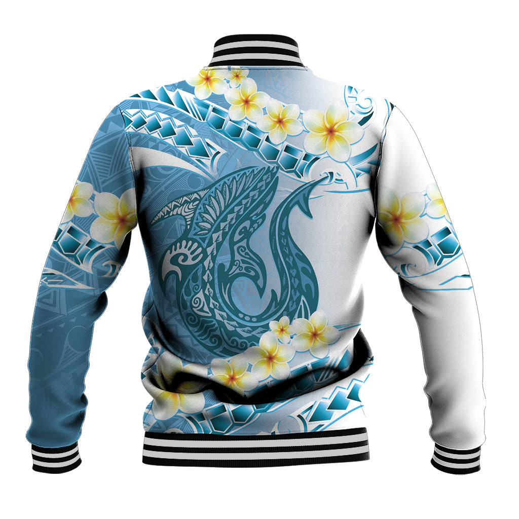 Blue Hawaii Shark Tattoo Baseball Jacket Frangipani With Polynesian Pastel Version