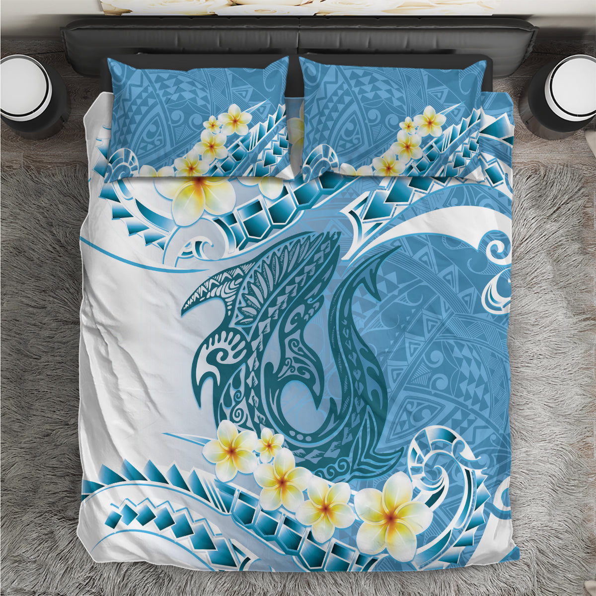 Blue Hawaii Shark Tattoo Bedding Set Frangipani With Polynesian Pastel Version