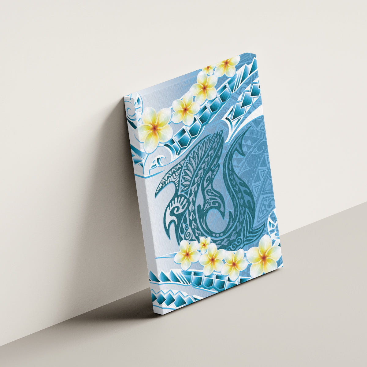 Blue Hawaii Shark Tattoo Canvas Wall Art Frangipani With Polynesian Pastel Version