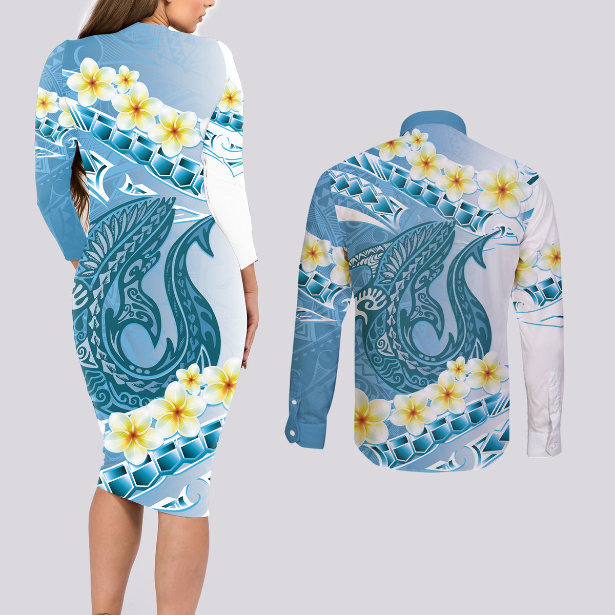 Blue Hawaii Shark Tattoo Couples Matching Long Sleeve Bodycon Dress and Long Sleeve Button Shirt Frangipani With Polynesian Pastel Version
