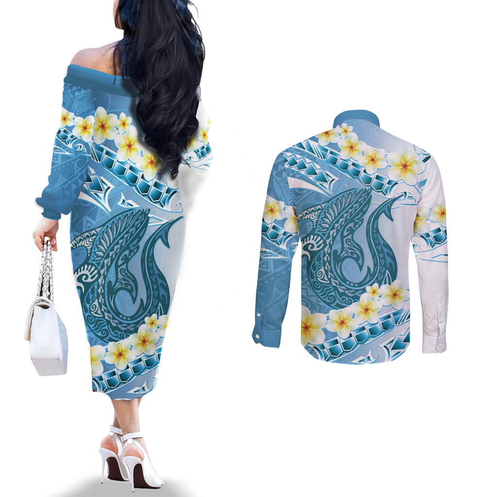Blue Hawaii Shark Tattoo Couples Matching Off The Shoulder Long Sleeve Dress and Long Sleeve Button Shirt Frangipani With Polynesian Pastel Version