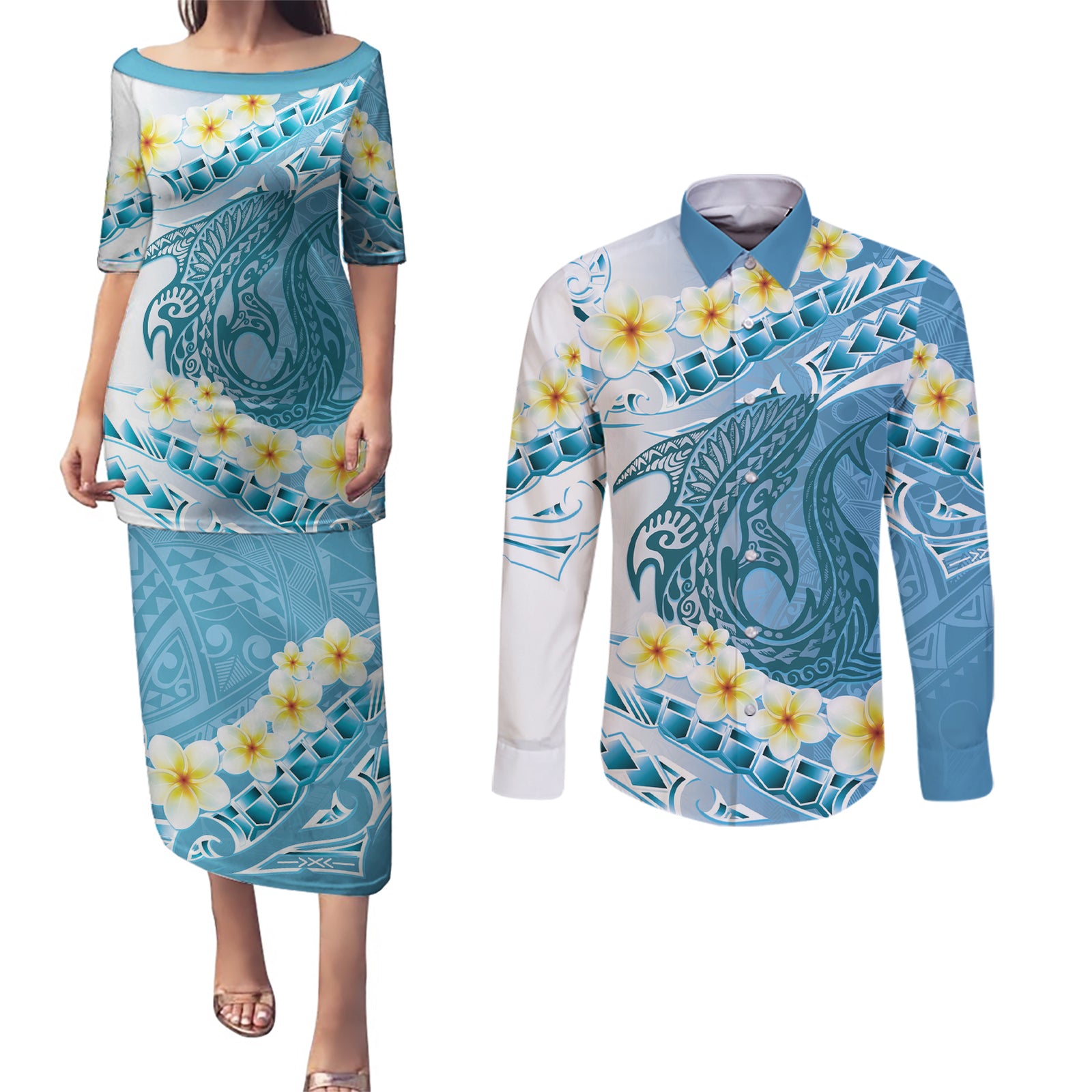 Blue Hawaii Shark Tattoo Couples Matching Puletasi and Long Sleeve Button Shirt Frangipani With Polynesian Pastel Version