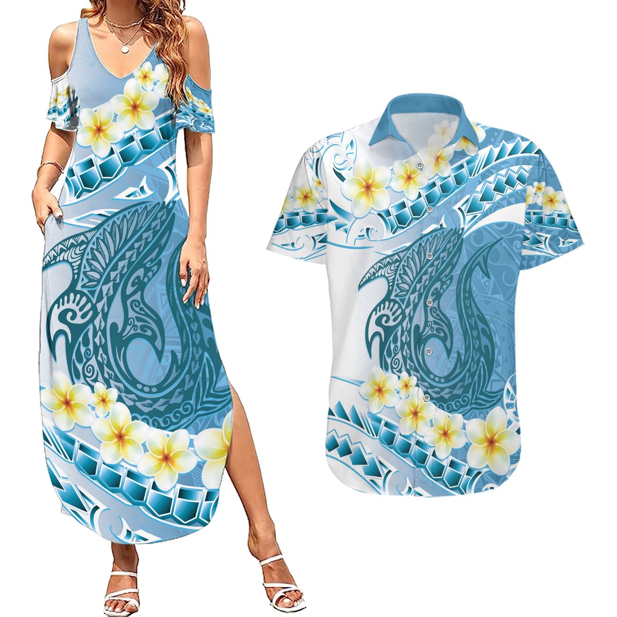 Blue Hawaii Shark Tattoo Couples Matching Summer Maxi Dress and Hawaiian Shirt Frangipani With Polynesian Pastel Version