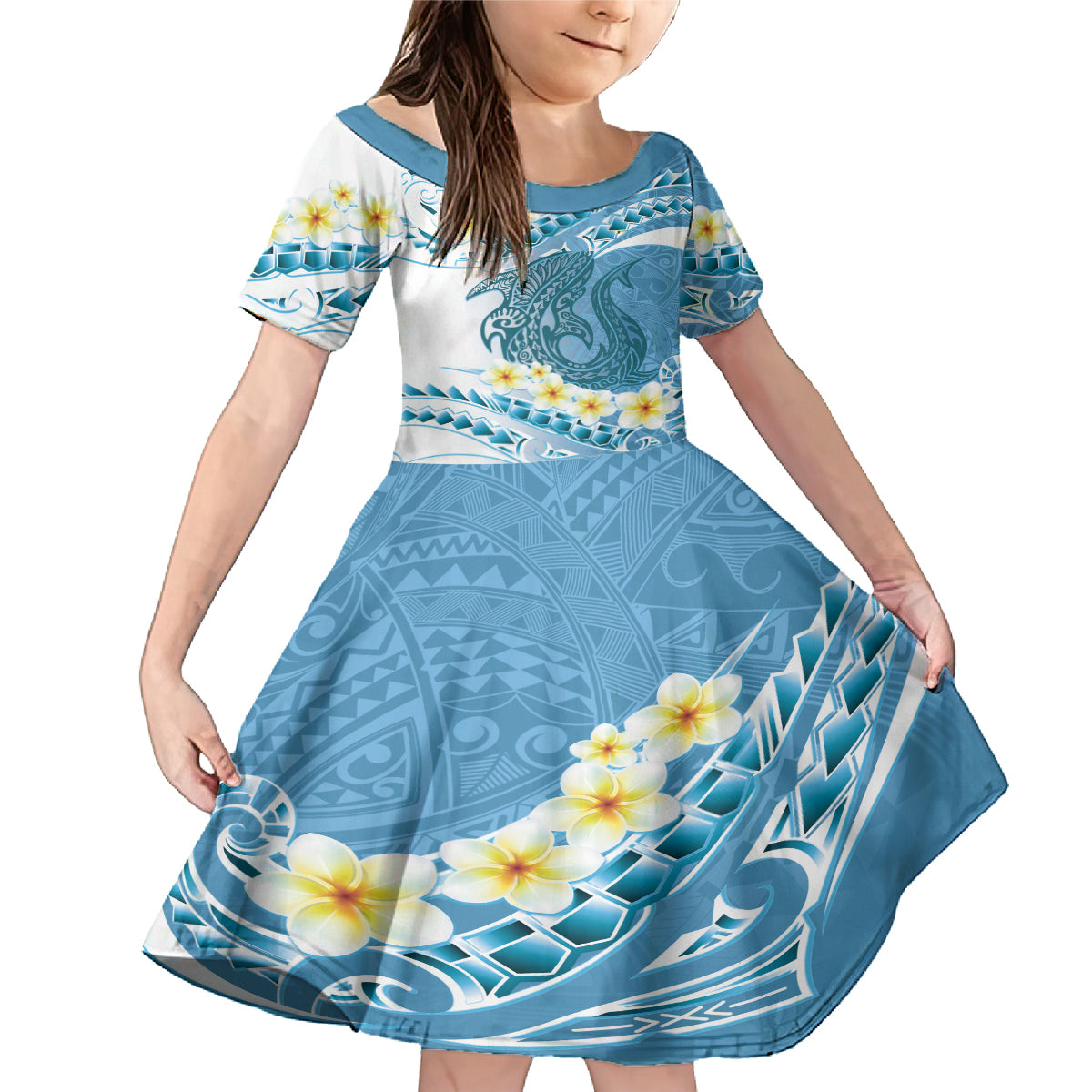 Blue Hawaii Shark Tattoo Family Matching Mermaid Dress and Hawaiian Shirt Frangipani With Polynesian Pastel Version