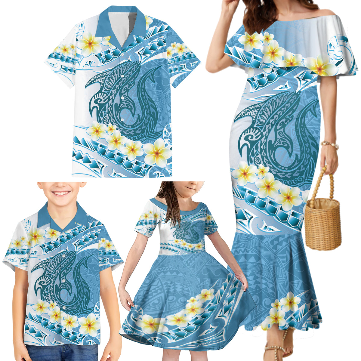 Blue Hawaii Shark Tattoo Family Matching Mermaid Dress and Hawaiian Shirt Frangipani With Polynesian Pastel Version