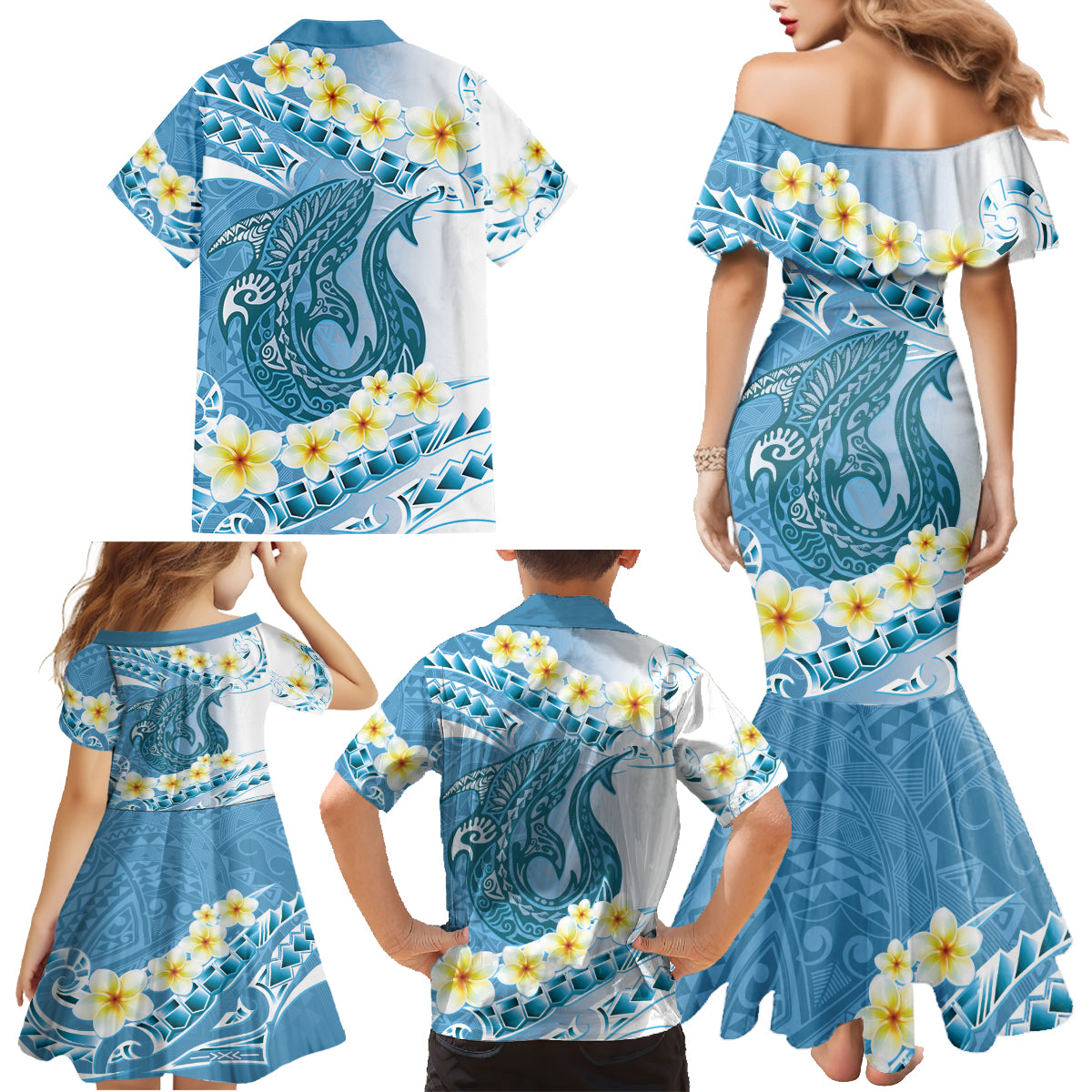 Blue Hawaii Shark Tattoo Family Matching Mermaid Dress and Hawaiian Shirt Frangipani With Polynesian Pastel Version