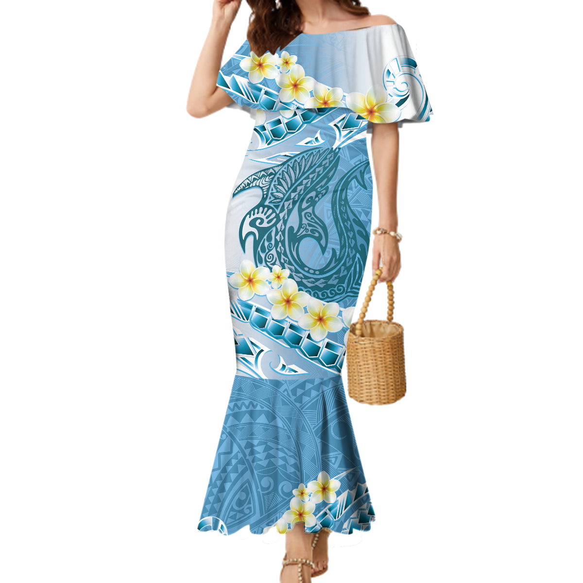 Blue Hawaii Shark Tattoo Family Matching Mermaid Dress and Hawaiian Shirt Frangipani With Polynesian Pastel Version