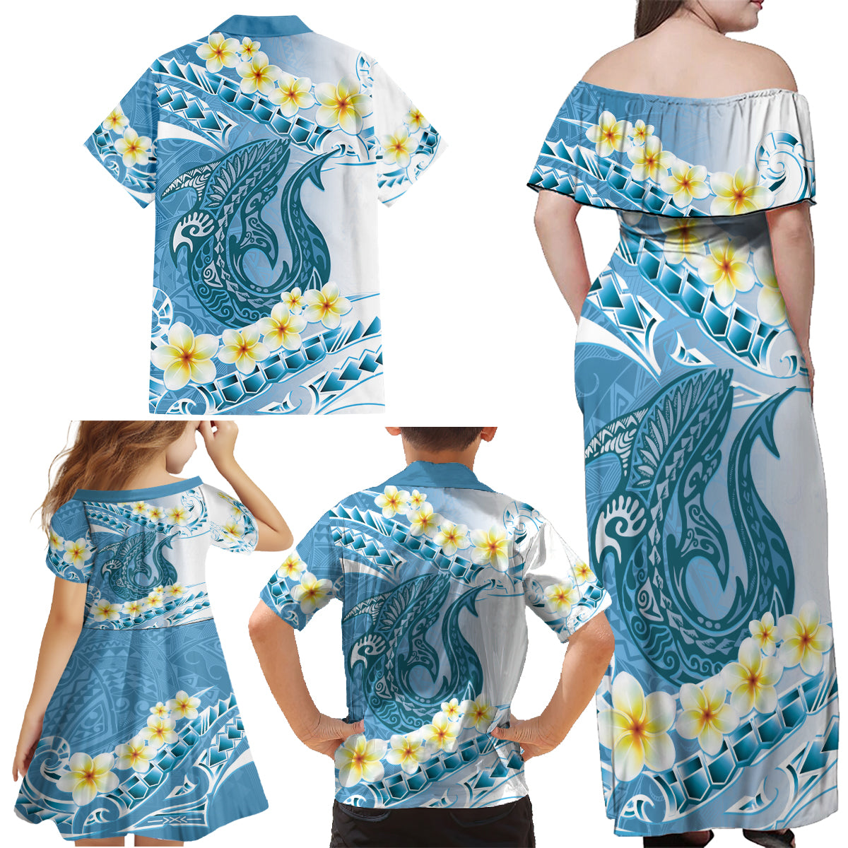 Blue Hawaii Shark Tattoo Family Matching Off Shoulder Maxi Dress and Hawaiian Shirt Frangipani With Polynesian Pastel Version
