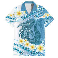 Blue Hawaii Shark Tattoo Family Matching Off Shoulder Maxi Dress and Hawaiian Shirt Frangipani With Polynesian Pastel Version