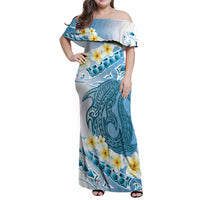Blue Hawaii Shark Tattoo Family Matching Off Shoulder Maxi Dress and Hawaiian Shirt Frangipani With Polynesian Pastel Version