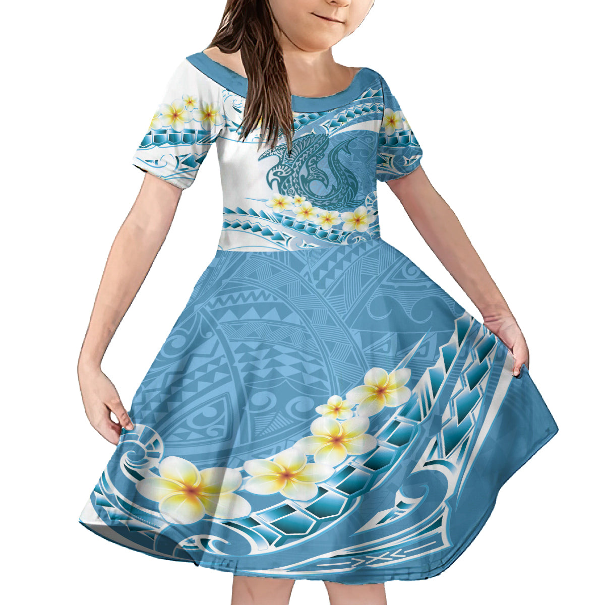 Blue Hawaii Shark Tattoo Family Matching Off Shoulder Short Dress and Hawaiian Shirt Frangipani With Polynesian Pastel Version