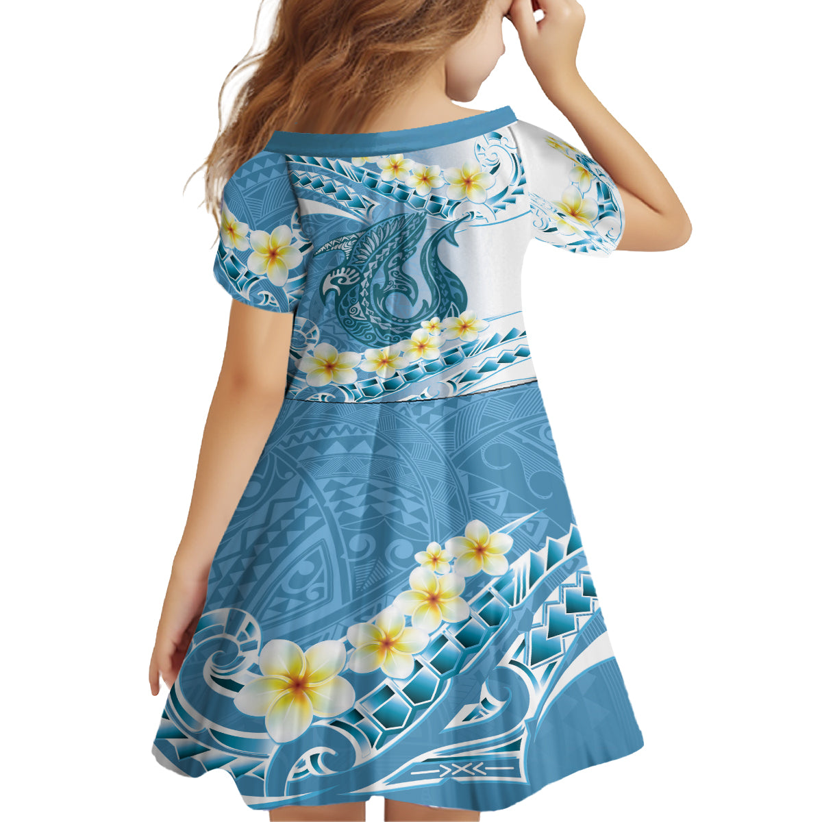 Blue Hawaii Shark Tattoo Family Matching Off Shoulder Short Dress and Hawaiian Shirt Frangipani With Polynesian Pastel Version