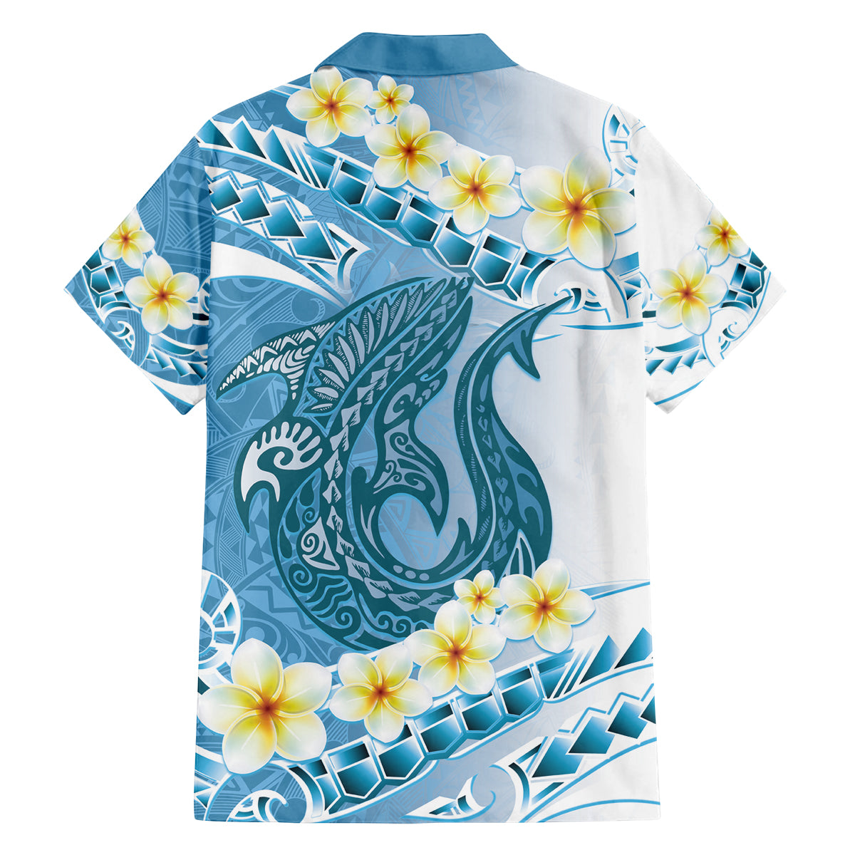 Blue Hawaii Shark Tattoo Family Matching Off Shoulder Short Dress and Hawaiian Shirt Frangipani With Polynesian Pastel Version