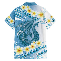 Blue Hawaii Shark Tattoo Family Matching Off Shoulder Short Dress and Hawaiian Shirt Frangipani With Polynesian Pastel Version