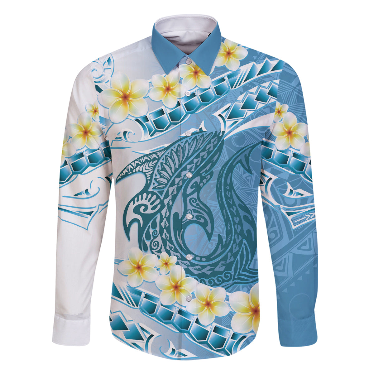 Blue Hawaii Shark Tattoo Family Matching Off Shoulder Short Dress and Hawaiian Shirt Frangipani With Polynesian Pastel Version