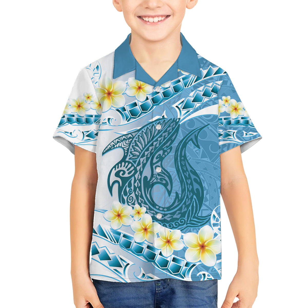 Blue Hawaii Shark Tattoo Family Matching Off Shoulder Short Dress and Hawaiian Shirt Frangipani With Polynesian Pastel Version