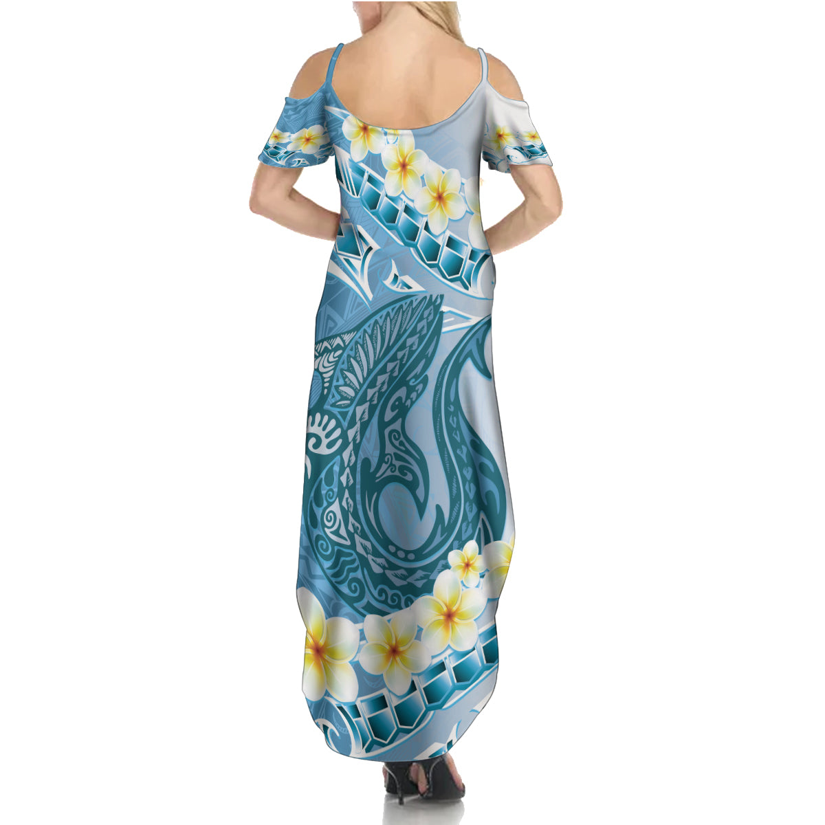 Blue Hawaii Shark Tattoo Family Matching Summer Maxi Dress and Hawaiian Shirt Frangipani With Polynesian Pastel Version