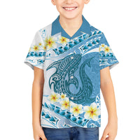 Blue Hawaii Shark Tattoo Family Matching Tank Maxi Dress and Hawaiian Shirt Frangipani With Polynesian Pastel Version