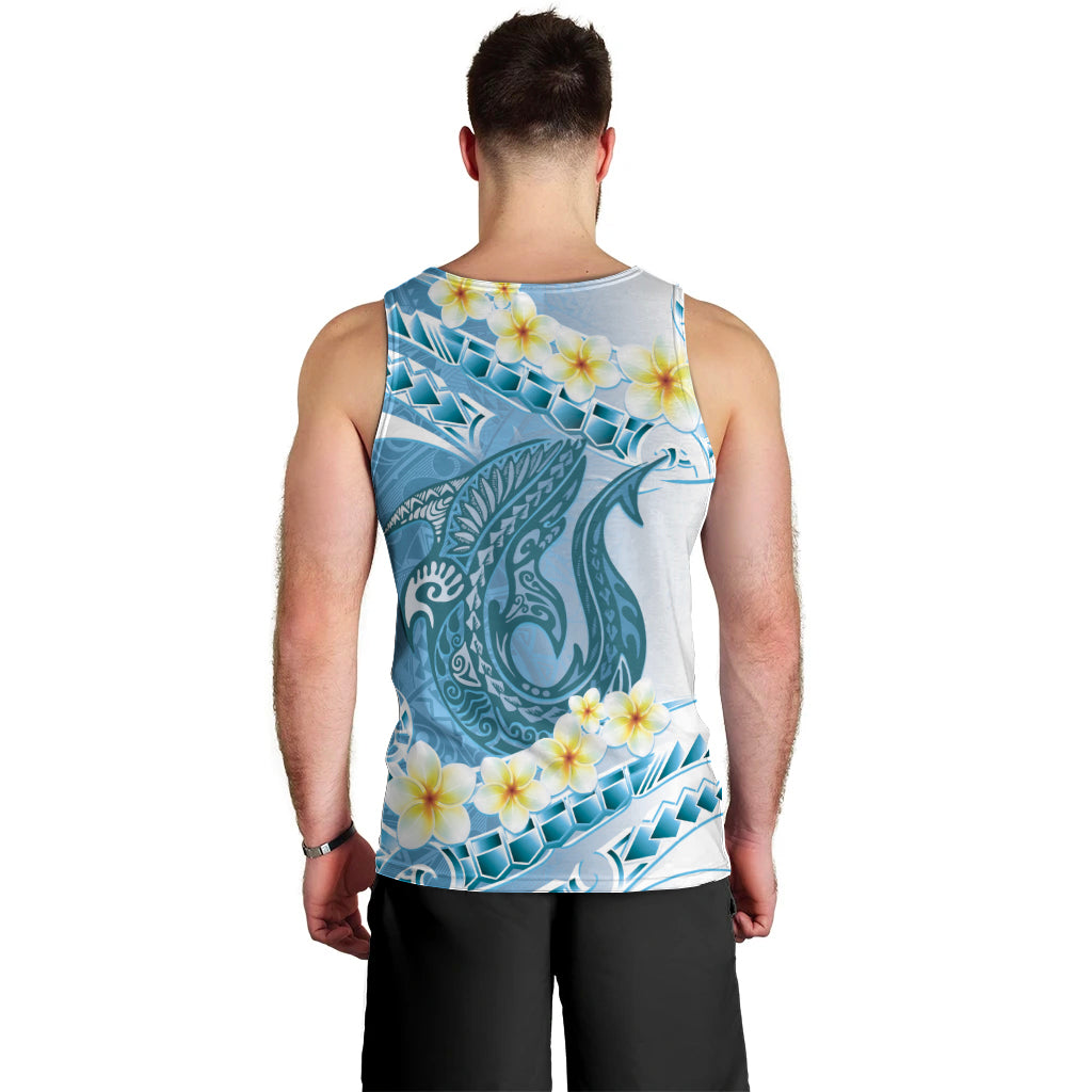 Blue Hawaii Shark Tattoo Men Tank Top Frangipani With Polynesian Pastel Version