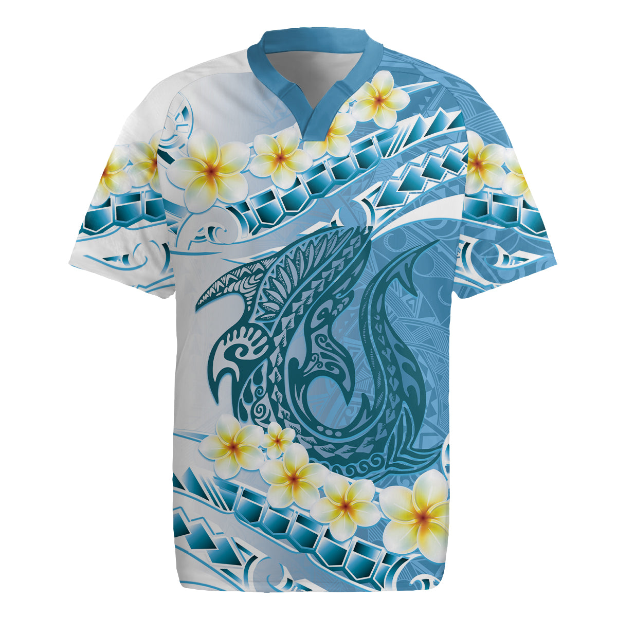 Blue Hawaii Shark Tattoo Rugby Jersey Frangipani With Polynesian Pastel Version