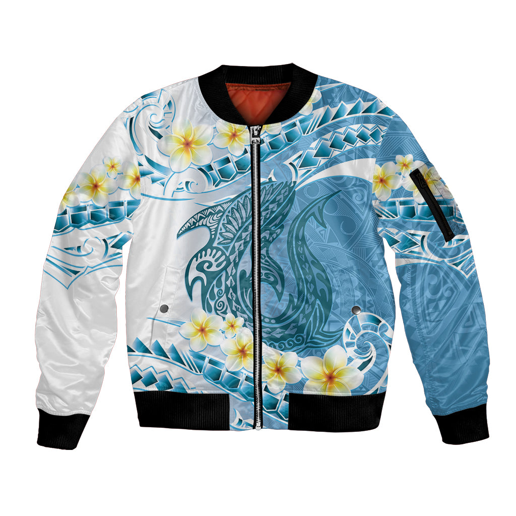 Blue Hawaii Shark Tattoo Sleeve Zip Bomber Jacket Frangipani With Polynesian Pastel Version