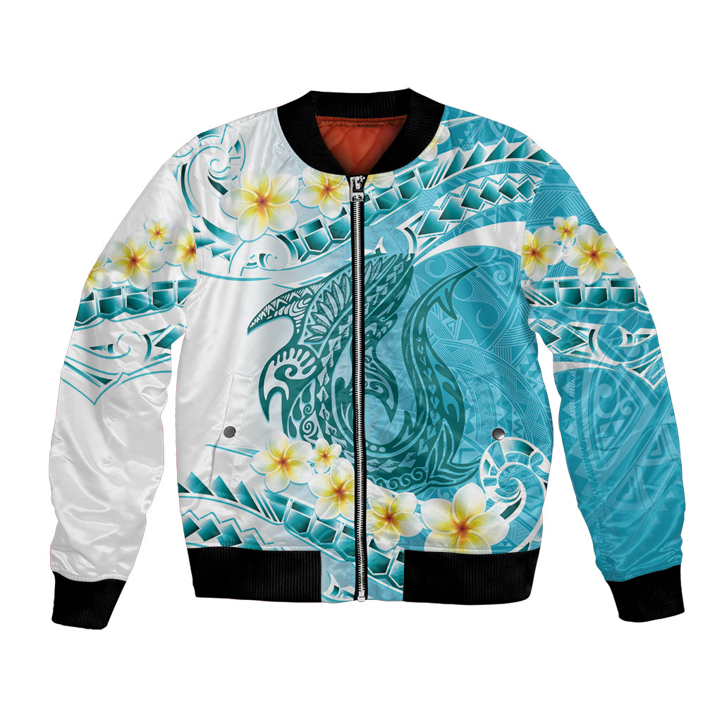 Turquoise Hawaii Shark Tattoo Bomber Jacket Frangipani With Polynesian Pastel Version