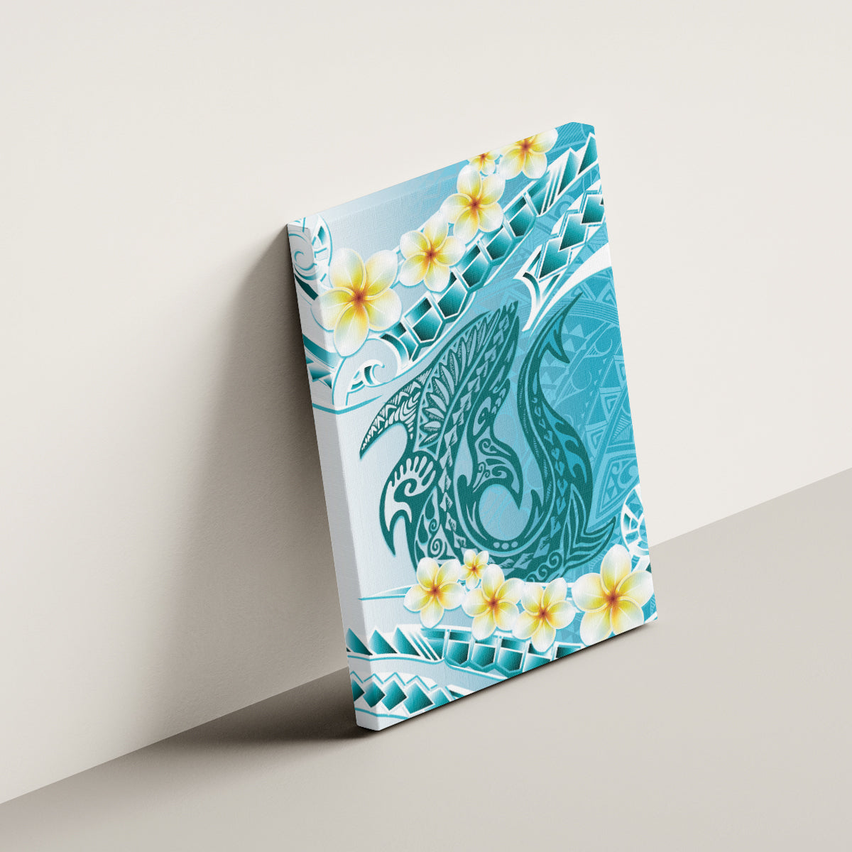 Turquoise Hawaii Shark Tattoo Canvas Wall Art Frangipani With Polynesian Pastel Version