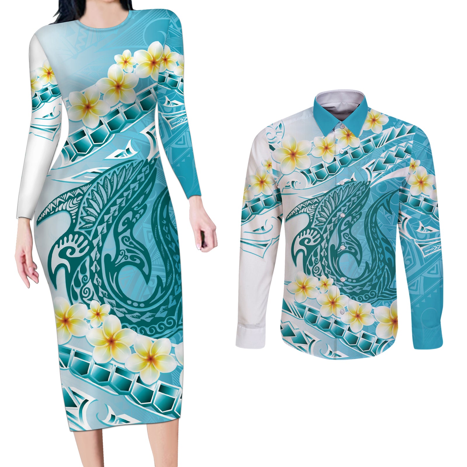 Turquoise Hawaii Shark Tattoo Couples Matching Long Sleeve Bodycon Dress and Long Sleeve Button Shirt Frangipani With Polynesian Pastel Version