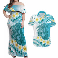 Turquoise Hawaii Shark Tattoo Couples Matching Off Shoulder Maxi Dress and Hawaiian Shirt Frangipani With Polynesian Pastel Version