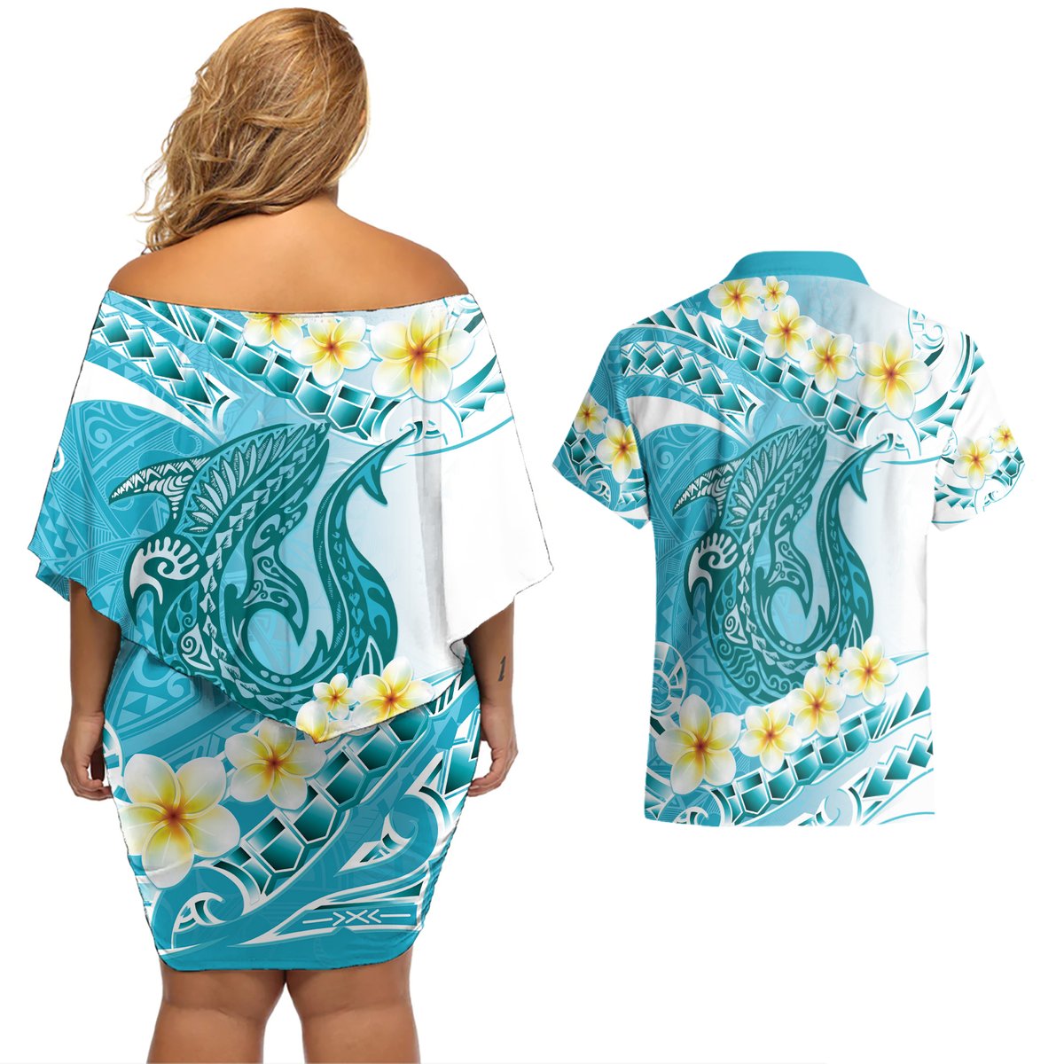 Turquoise Hawaii Shark Tattoo Couples Matching Off Shoulder Short Dress and Hawaiian Shirt Frangipani With Polynesian Pastel Version