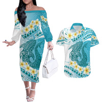 Turquoise Hawaii Shark Tattoo Couples Matching Off The Shoulder Long Sleeve Dress and Hawaiian Shirt Frangipani With Polynesian Pastel Version