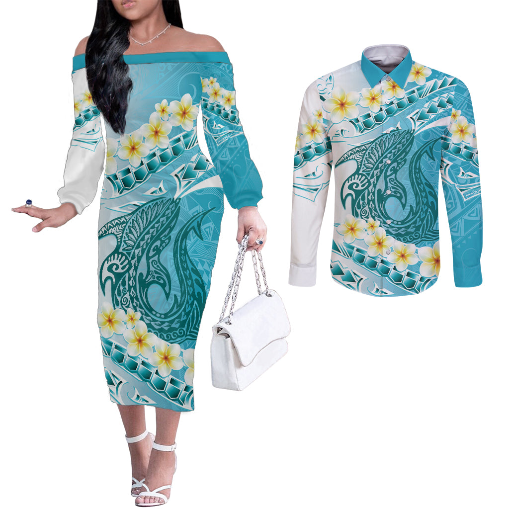 Turquoise Hawaii Shark Tattoo Couples Matching Off The Shoulder Long Sleeve Dress and Long Sleeve Button Shirt Frangipani With Polynesian Pastel Version