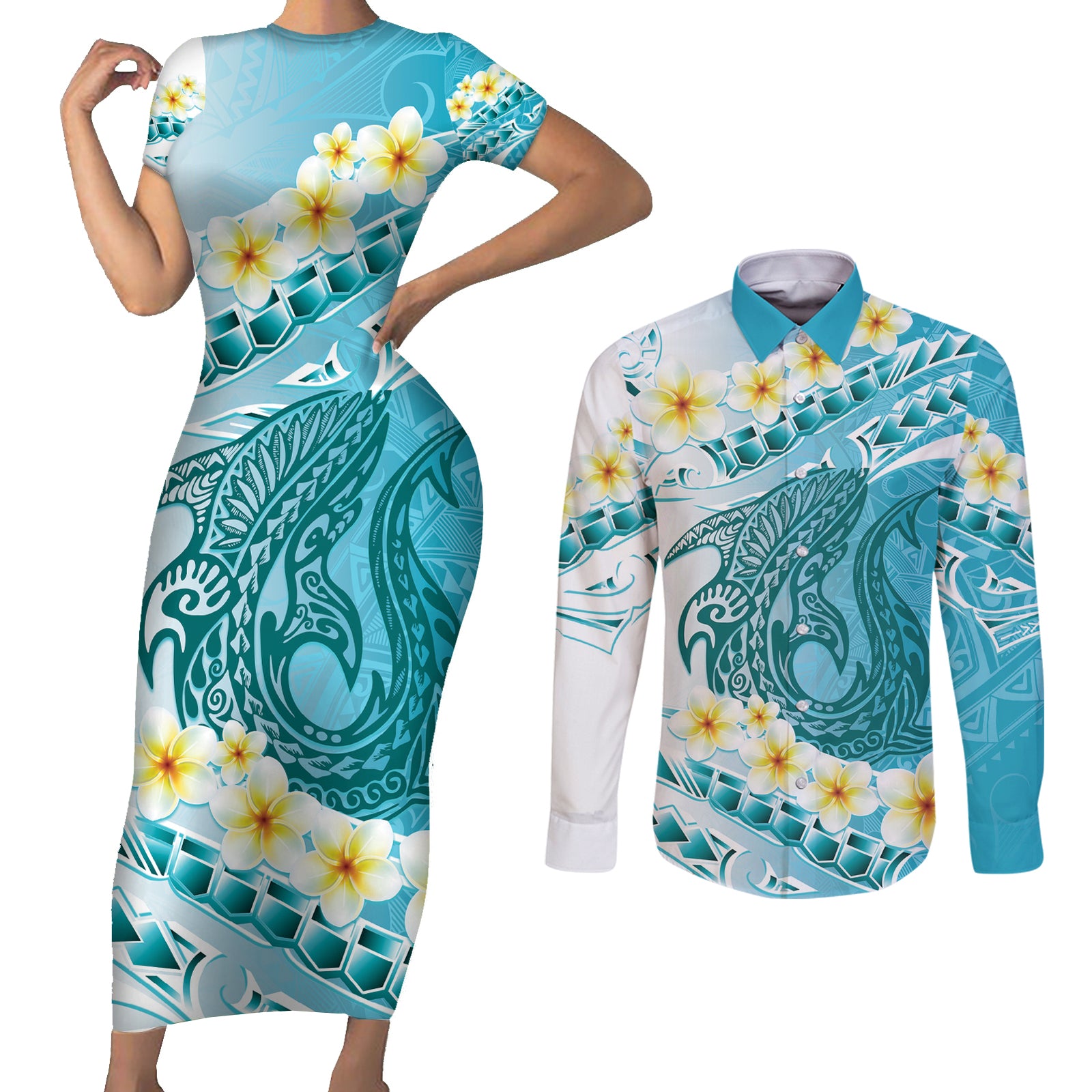 Turquoise Hawaii Shark Tattoo Couples Matching Short Sleeve Bodycon Dress and Long Sleeve Button Shirt Frangipani With Polynesian Pastel Version