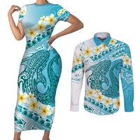 Turquoise Hawaii Shark Tattoo Couples Matching Short Sleeve Bodycon Dress and Long Sleeve Button Shirt Frangipani With Polynesian Pastel Version