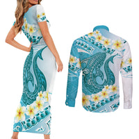 Turquoise Hawaii Shark Tattoo Couples Matching Short Sleeve Bodycon Dress and Long Sleeve Button Shirt Frangipani With Polynesian Pastel Version
