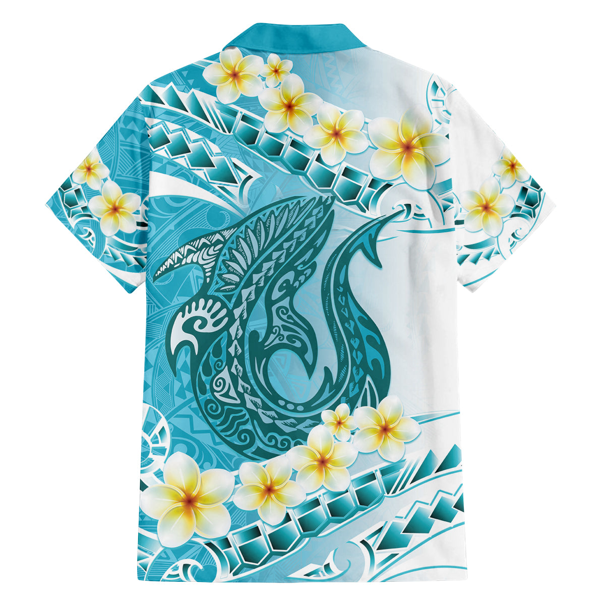 Turquoise Hawaii Shark Tattoo Family Matching Long Sleeve Bodycon Dress and Hawaiian Shirt Frangipani With Polynesian Pastel Version