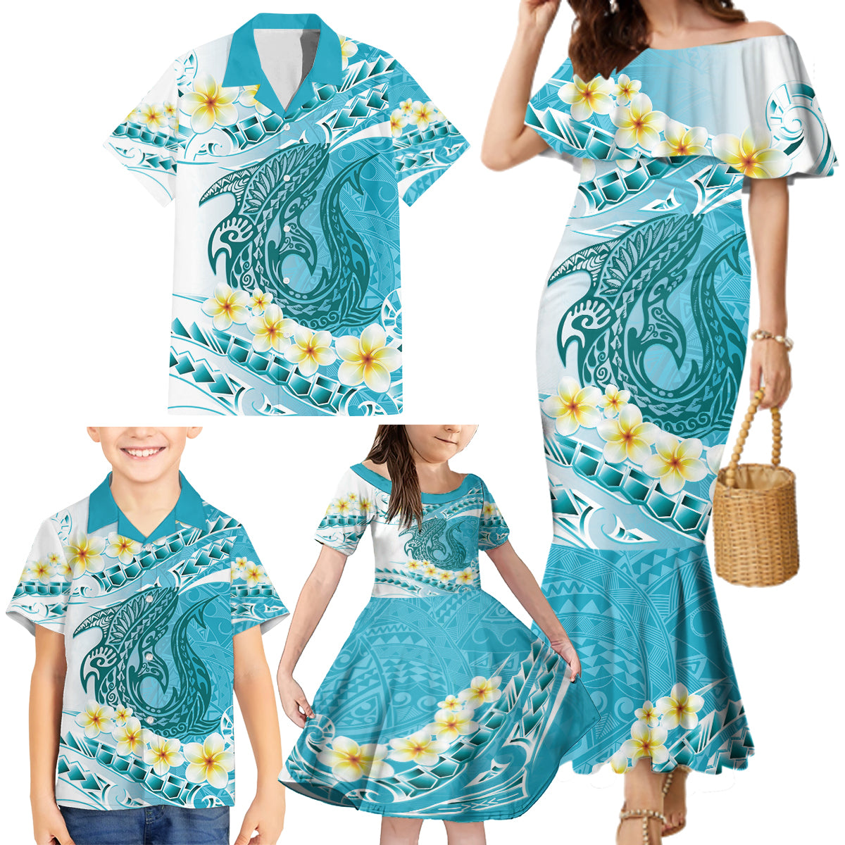 Turquoise Hawaii Shark Tattoo Family Matching Mermaid Dress and Hawaiian Shirt Frangipani With Polynesian Pastel Version